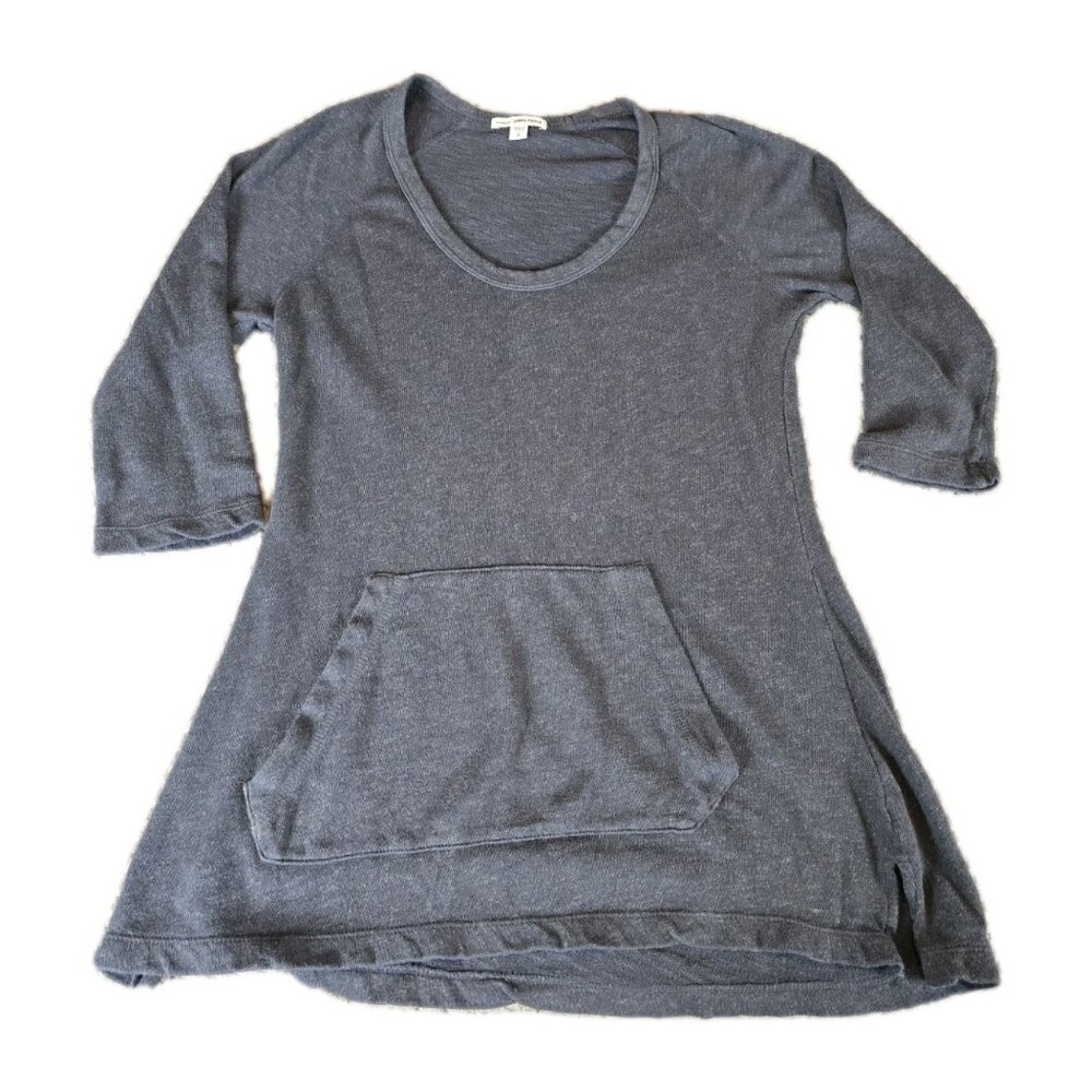James Perse Cozy Grey Scoop Neck Long Shirt Tunic Size 2‎ Kangaroo Pocket